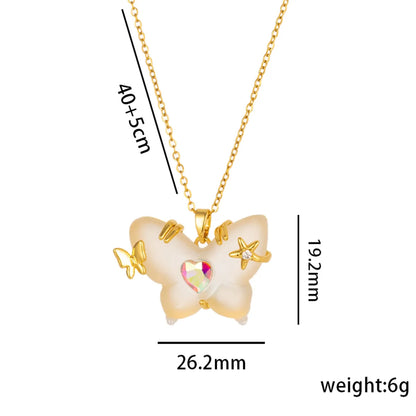 Cute Lady Butterfly Stainless Steel Plating Inlay Resin 18k Gold Plated Pendant Necklace