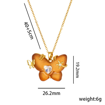 Cute Lady Butterfly Stainless Steel Plating Inlay Resin 18k Gold Plated Pendant Necklace