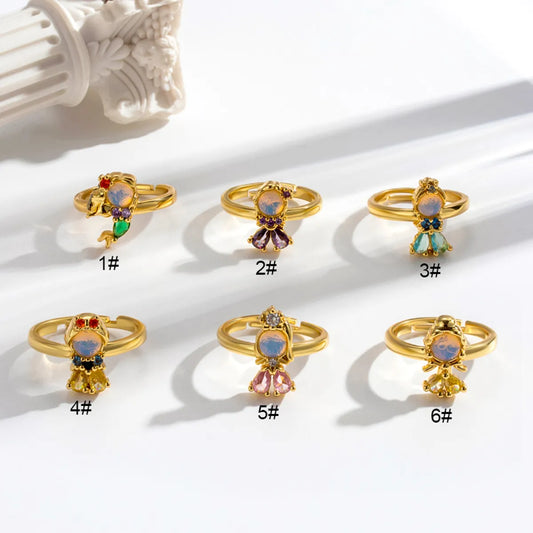 Cute Lady Mermaid Copper 18k Gold Plated Zircon Open Rings In Bulk