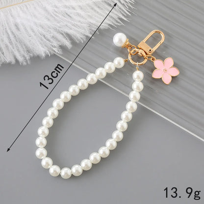 Cute Lady Sweet Flower Bow Knot Beaded Imitation Pearl Glass Beaded Bag Pendant Mobile Phone Chain Keychain