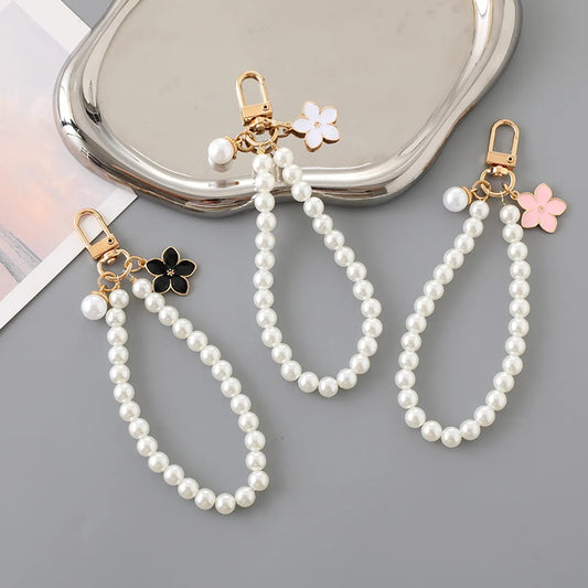 Cute Lady Sweet Flower Bow Knot Beaded Imitation Pearl Glass Beaded Bag Pendant Mobile Phone Chain Keychain