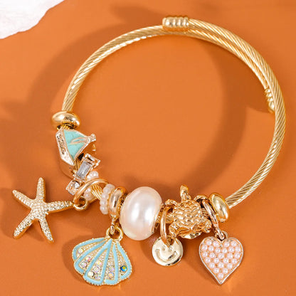 Cute Lady Sweet Starfish Heart Shape Alloy Inlay Pearl Women'S Bangle