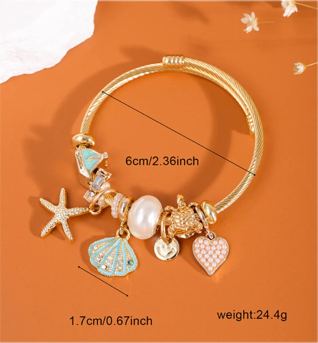 Cute Lady Sweet Starfish Heart Shape Alloy Inlay Pearl Women'S Bangle