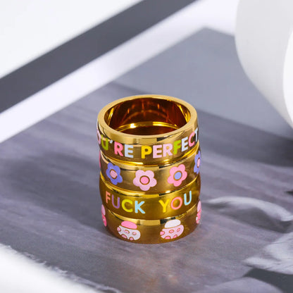 Cute Letter Flower Titanium Steel Enamel Rings