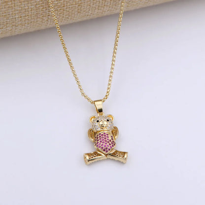 Cute Little Bear Copper 18k Gold Plated Zircon Pendant Necklace In Bulk