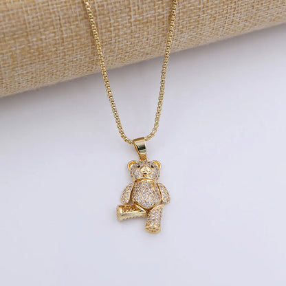 Cute Little Bear Copper 18k Gold Plated Zircon Pendant Necklace In Bulk