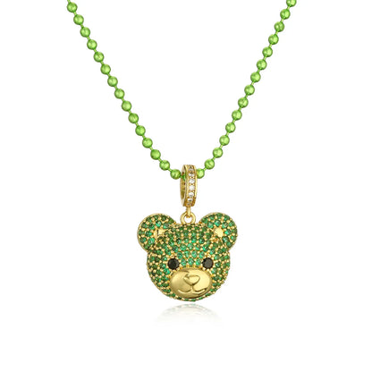 Cute Little Bear Copper Inlay Zircon Pendant Necklace