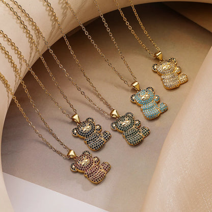 Cute Little Bear Copper Plating Inlay Zircon 18k Gold Plated Pendant Necklace