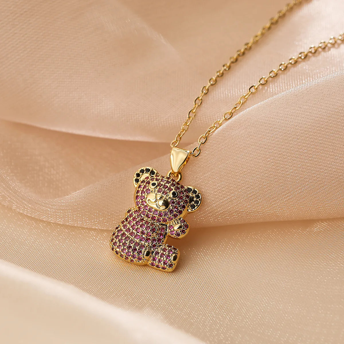 Cute Little Bear Copper Plating Inlay Zircon 18k Gold Plated Pendant Necklace