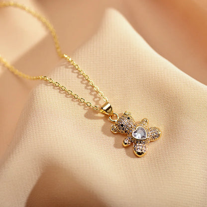 Cute Little Bear Copper Plating Inlay Zircon Pendant Necklace