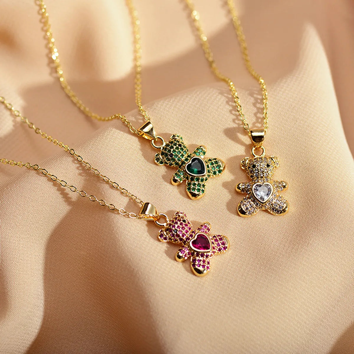 Cute Little Bear Copper Plating Inlay Zircon Pendant Necklace