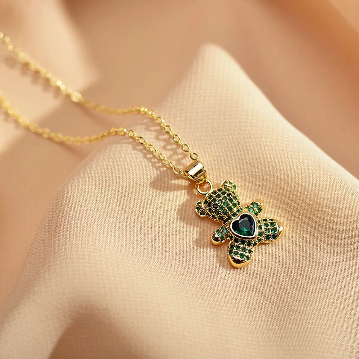 Cute Little Bear Copper Plating Inlay Zircon Pendant Necklace