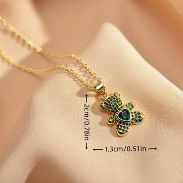 Cute Little Bear Copper Plating Inlay Zircon Pendant Necklace