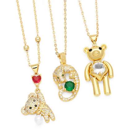 Wholesale Jewelry Cute Little Bear Stainless Steel Copper Zircon 18K Gold Plated Inlay Pendant Necklace