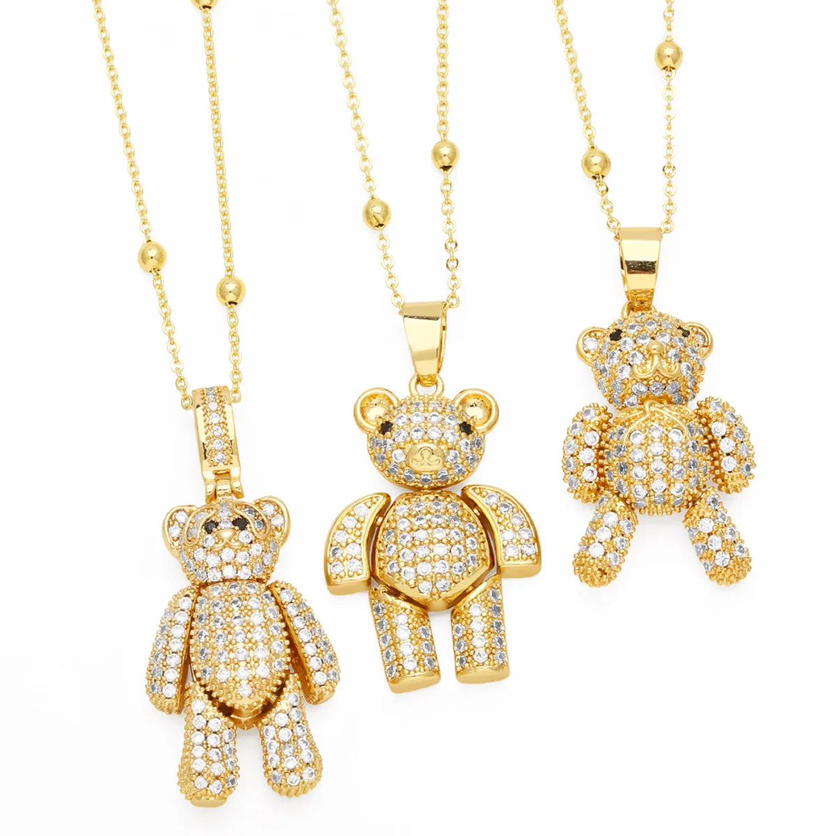 Cute Little Bear Stainless Steel Copper Plating Inlay Zircon 18k Gold Plated Pendant Necklace