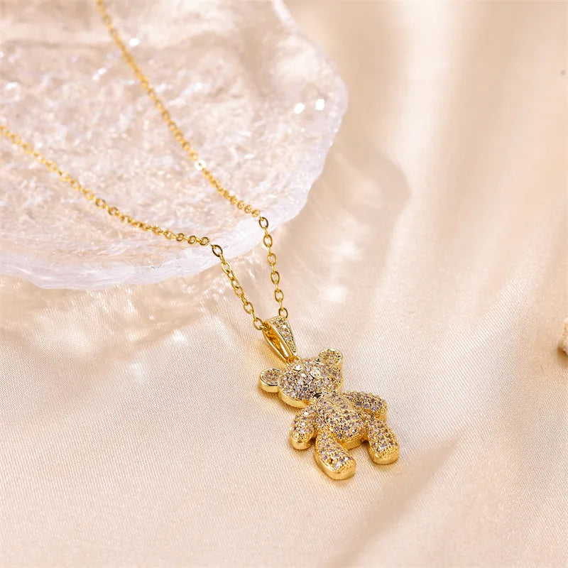 Stainless Steel Copper Cute Plating Inlay Little Bear Zircon Pendant Necklace