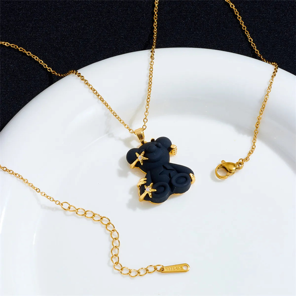 Cute Little Bear Star Titanium Steel Copper Plating Inlay Resin Zircon Gold Plated Pendant Necklace