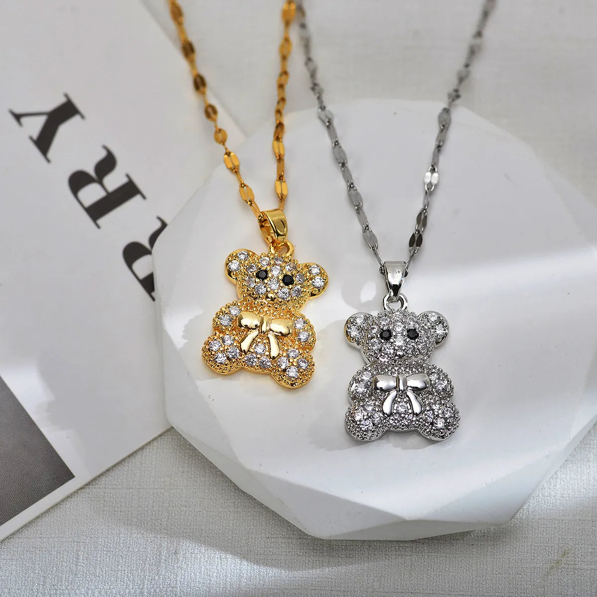 Cute Little Bear Titanium Steel Copper Inlay Zircon Pendant Necklace