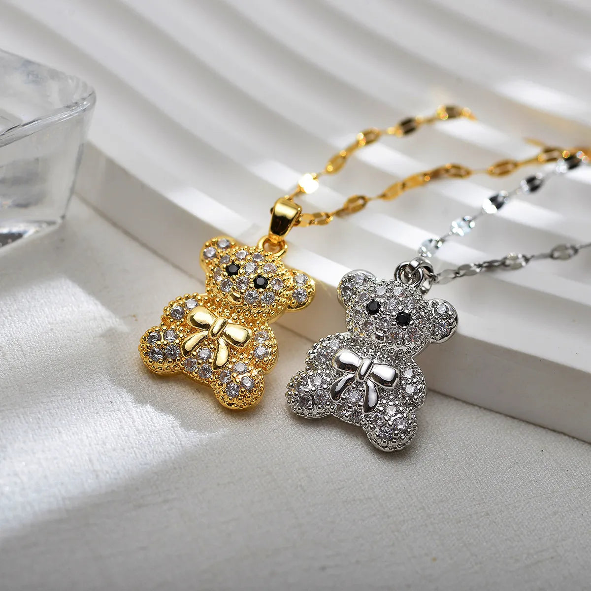 Cute Little Bear Titanium Steel Copper Inlay Zircon Pendant Necklace