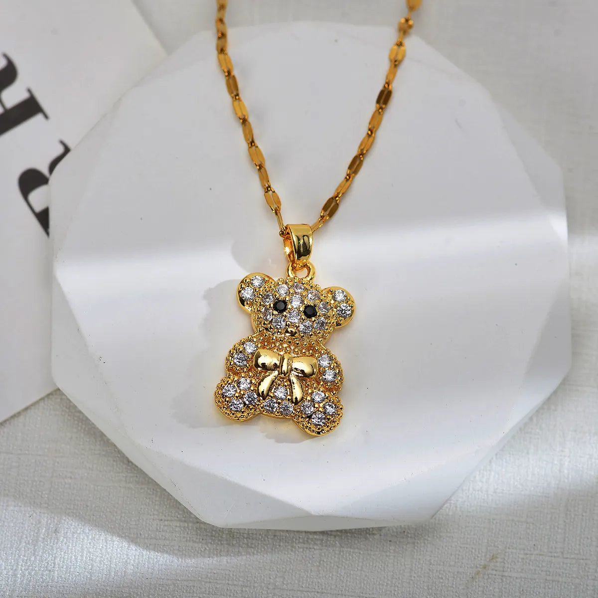 Cute Little Bear Titanium Steel Copper Inlay Zircon Pendant Necklace