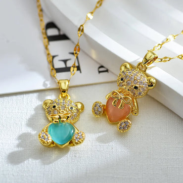 Cute Little Bear Titanium Steel Copper Plating Inlay Zircon 18k Gold Plated Pendant Necklace