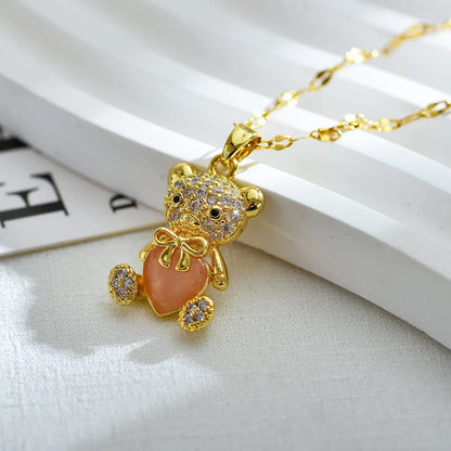 Cute Little Bear Titanium Steel Copper Plating Inlay Zircon 18k Gold Plated Pendant Necklace