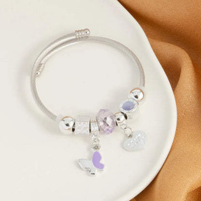 Cute Luxurious Heart Shape Butterfly Stainless Steel Plating Inlay Artificial Crystal Bangle