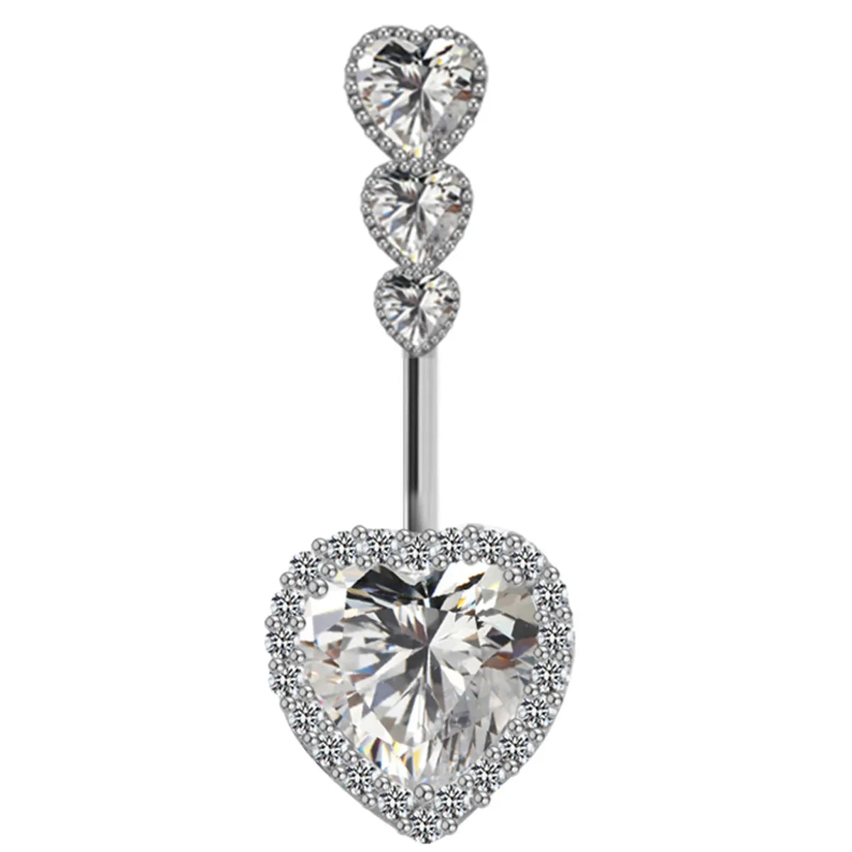 Cute Luxurious Heart Shape Stainless Steel Copper Plating Inlay Gem Rhinestones Zircon White Gold Plated Belly Ring