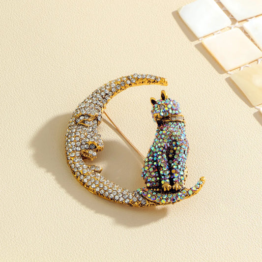 Cute Luxurious Moon Cat Alloy Inlay Rhinestones Women'S Brooches 1 Piece