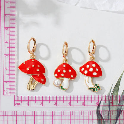 Cute Metal Dripping Oil Pearl Contrast Color Red Mushroom Earrings