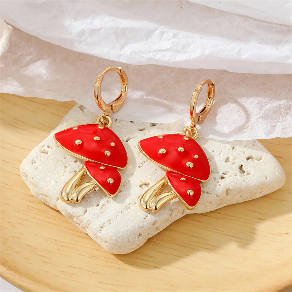 Cute Metal Dripping Oil Pearl Contrast Color Red Mushroom Earrings