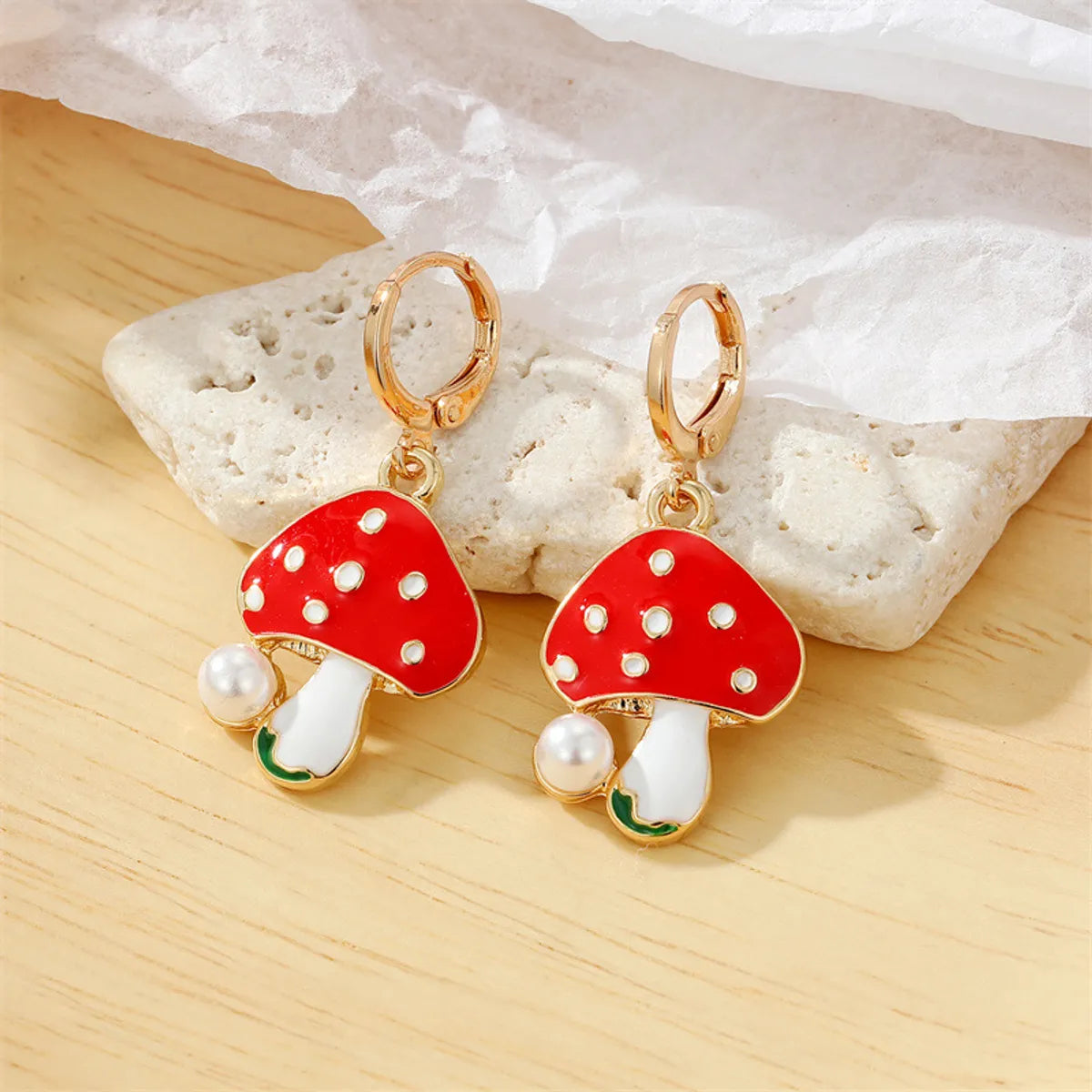 Cute Metal Dripping Oil Pearl Contrast Color Red Mushroom Earrings