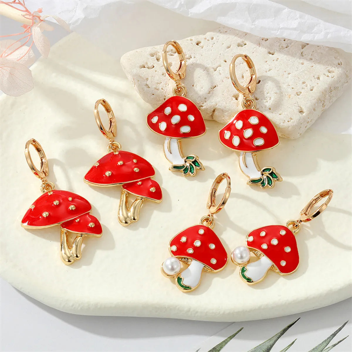 Cute Metal Dripping Oil Pearl Contrast Color Red Mushroom Earrings