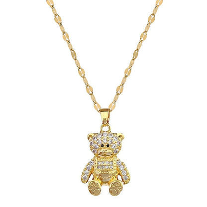 Cute Modern Style Bear Stainless Steel Copper Inlay Zircon Pendant Necklace