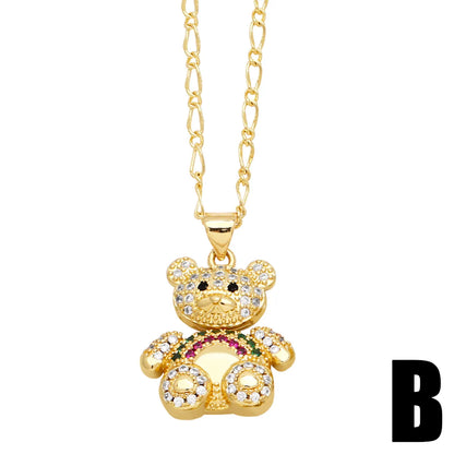 Cute Modern Style Simple Style Little Bear Copper Plating Hollow Out Inlay Pearl Zircon 18k Gold Plated Pendant Necklace