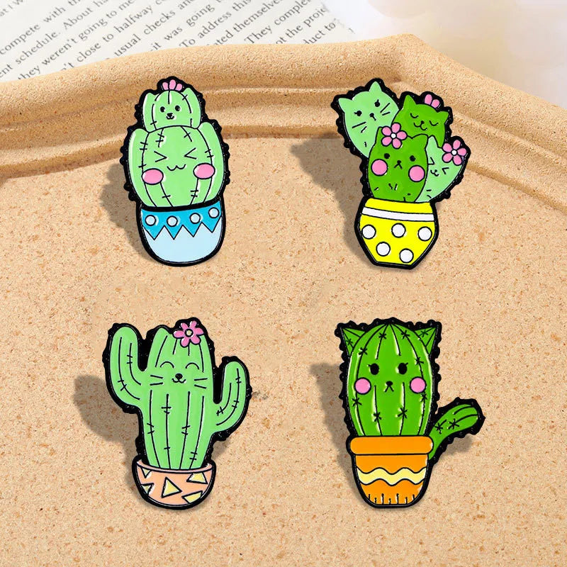 Cute Pastoral Cactus Cat Alloy Stamping Stoving Varnish Plating Unisex Brooches