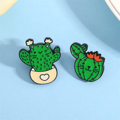 Cute Pastoral Cactus Cat Alloy Stamping Stoving Varnish Plating Unisex Brooches