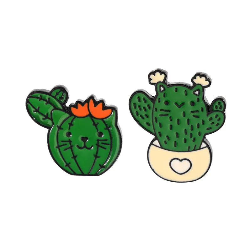 Cute Pastoral Cactus Cat Alloy Stamping Stoving Varnish Plating Unisex Brooches