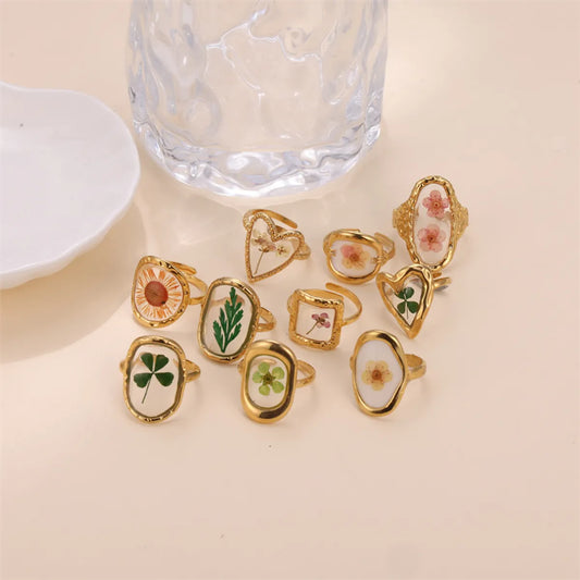 Cute Pastoral Oval Flower Stainless Steel Plating 18k Gold Plated Open Rings