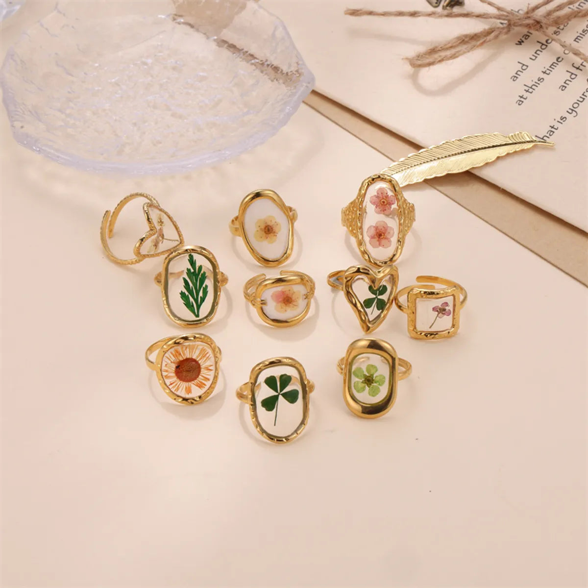 Cute Pastoral Oval Flower Stainless Steel Plating 18k Gold Plated Open Rings