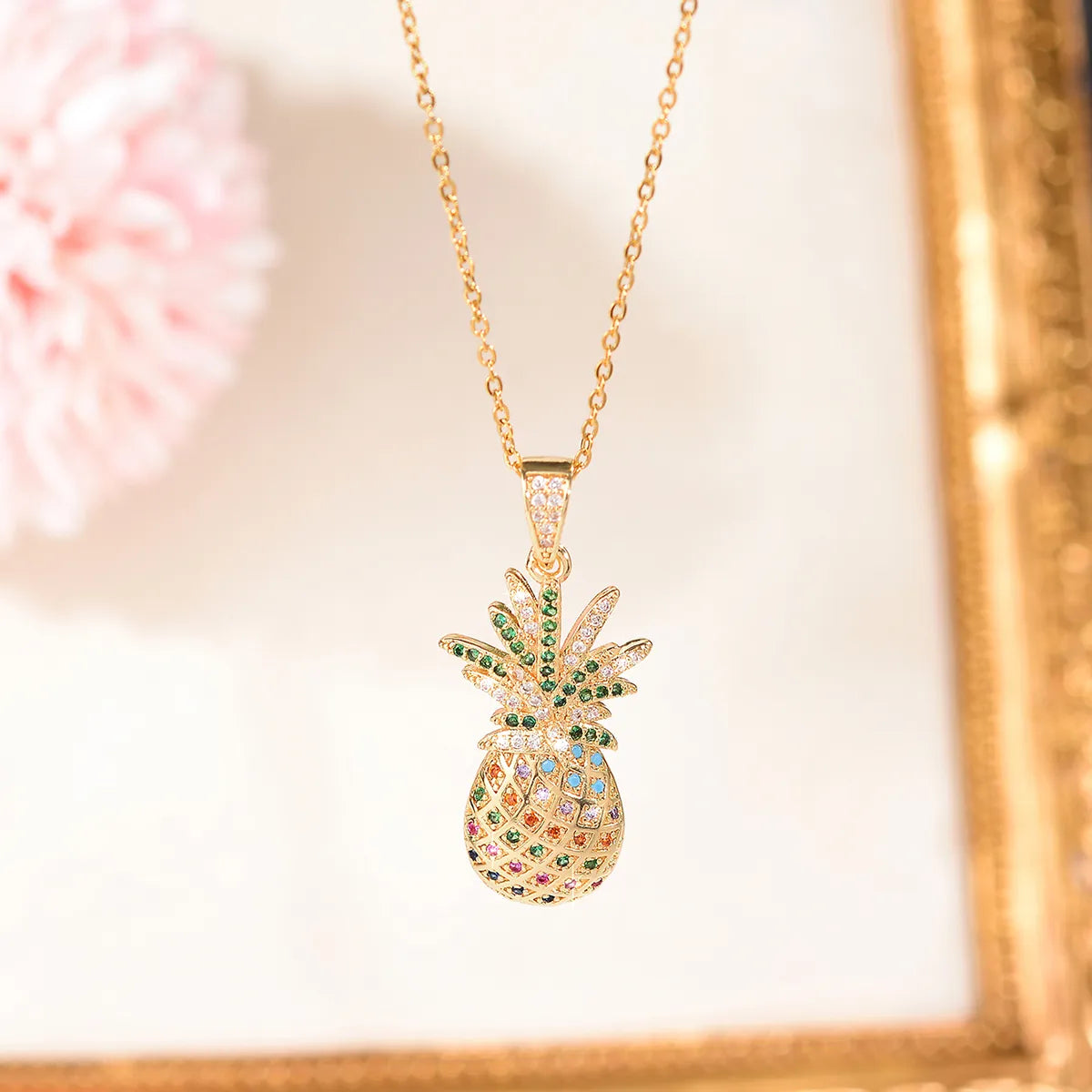 Cute Pineapple Copper Plating Inlay Zircon 18k Gold Plated Necklace