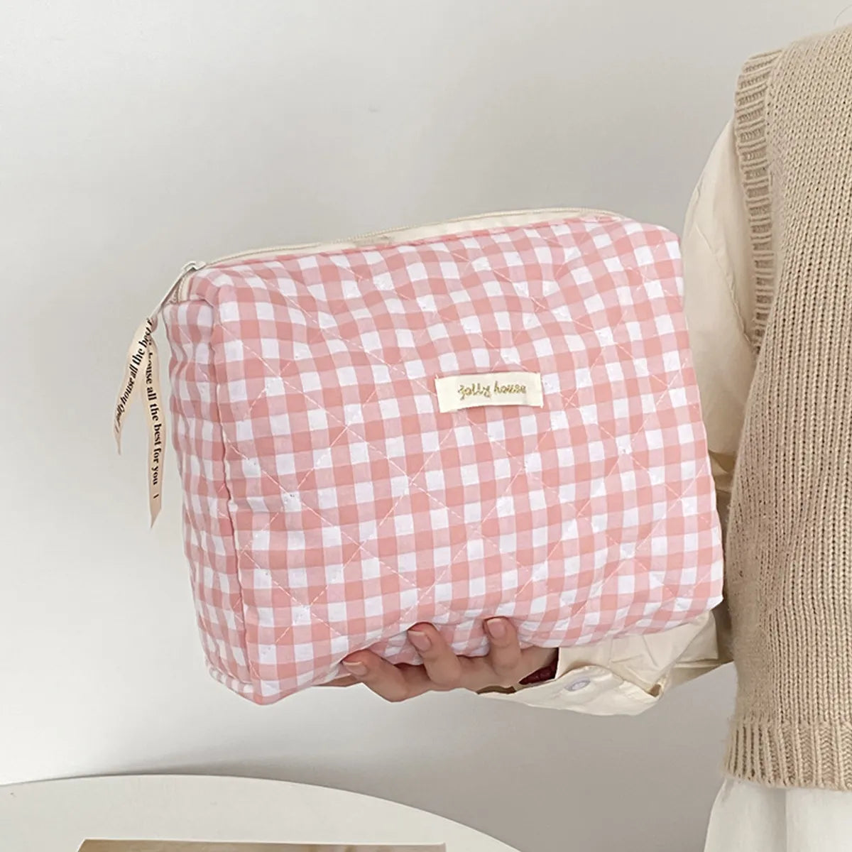 Cute Plaid Polyester Square Makeup Bags