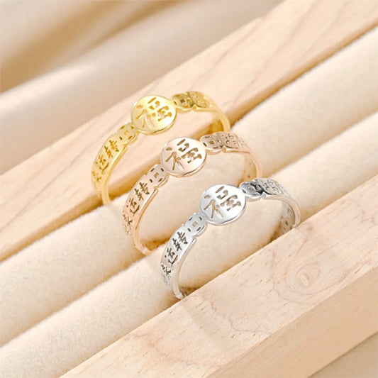 Cute Rabbit Chinese Character Titanium Steel Inlay Zircon Open Ring