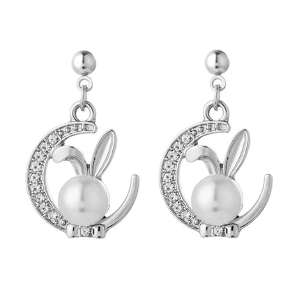 Cute Rabbit Moon Alloy Plating Inlay Rhinestones Pearl Women's Earrings Necklace