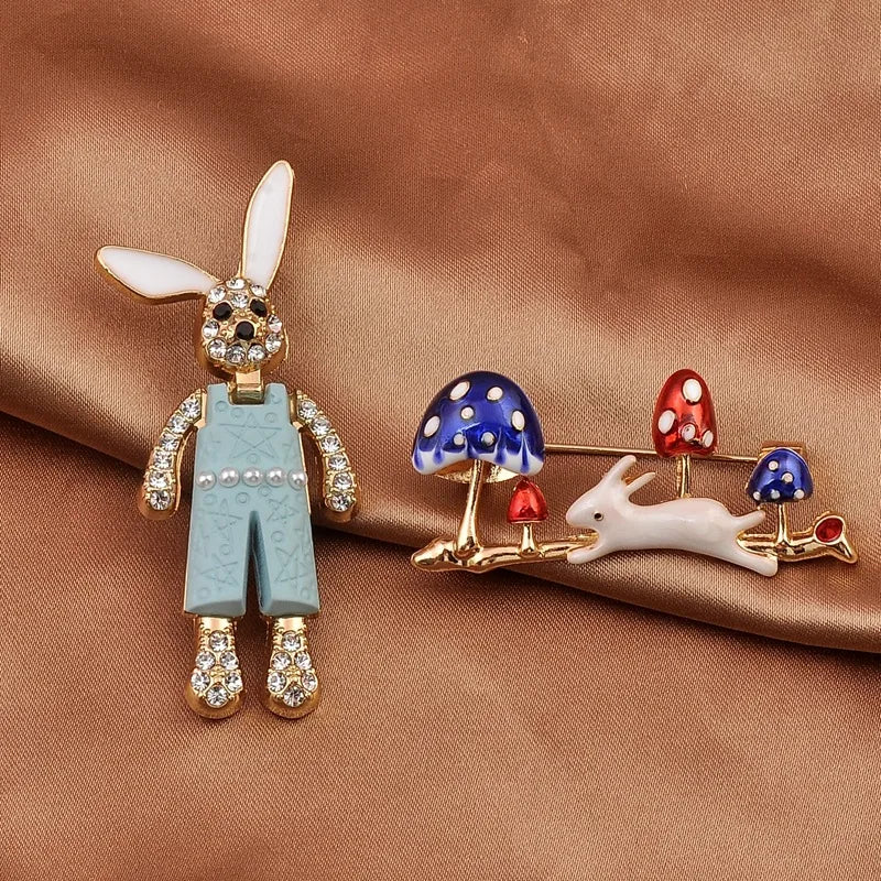 Cute Rabbit Mushroom Alloy Enamel Rhinestones Women'S Brooches