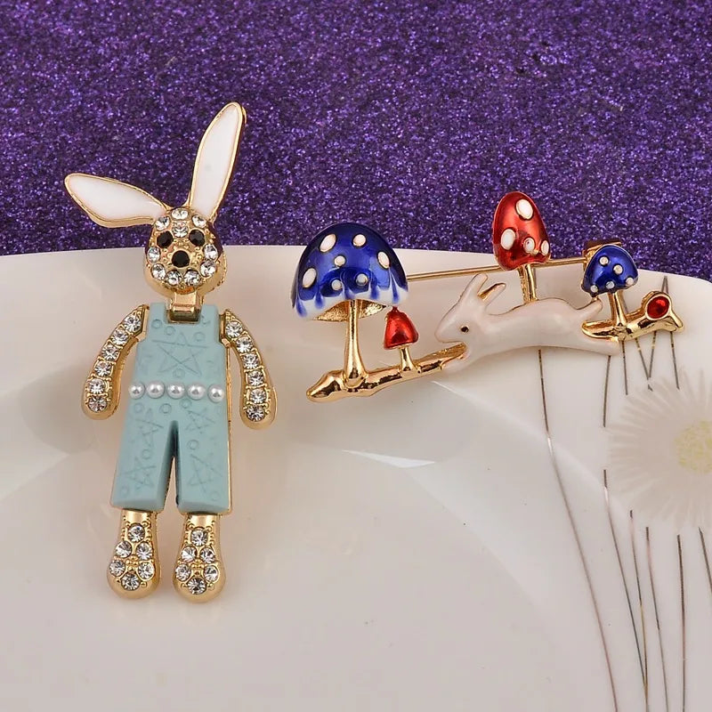 Cute Rabbit Mushroom Alloy Enamel Rhinestones Women'S Brooches