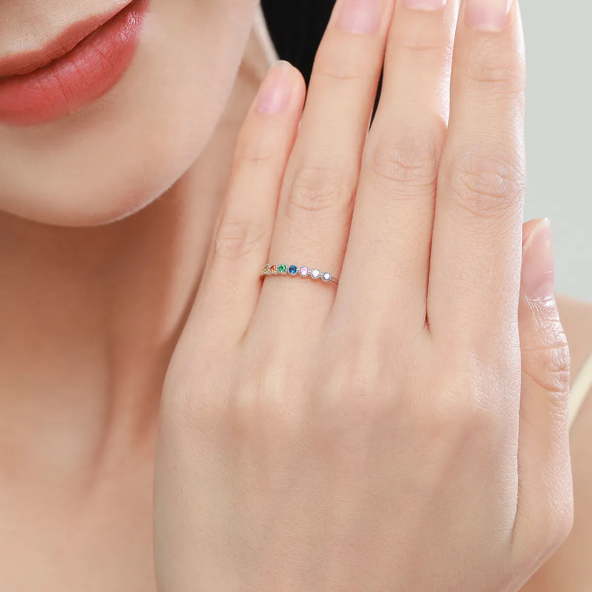 Cute Rainbow Sterling Silver Plating Inlay Zircon 14k Gold Plated Rhodium Plated Rings