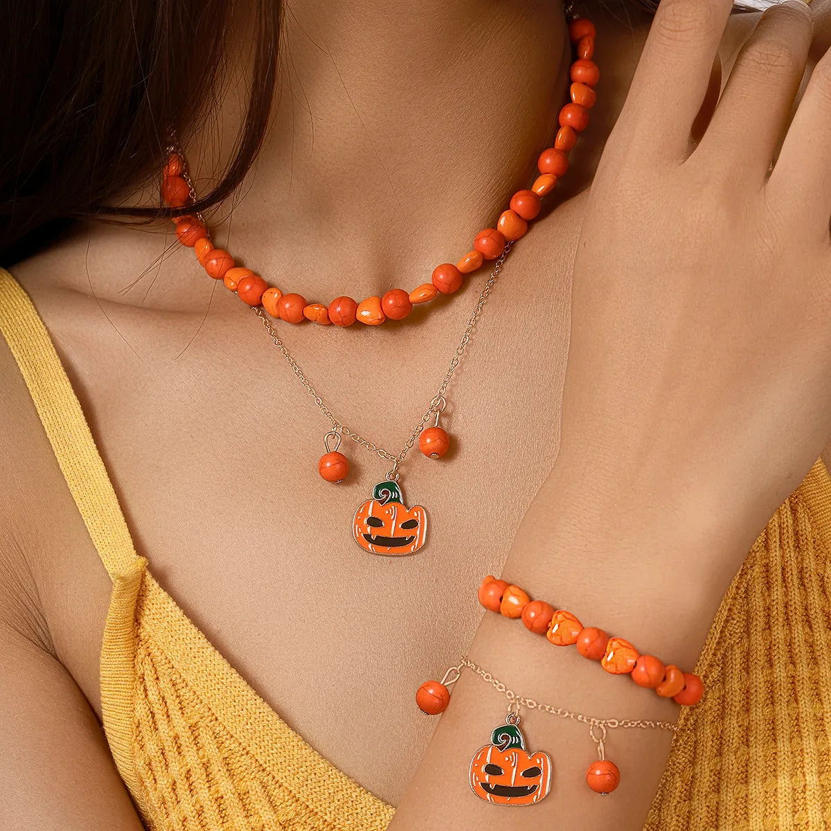 Cute Retro Classic Style Pumpkin Alloy Glass Halloween Women'S Bracelets Necklace