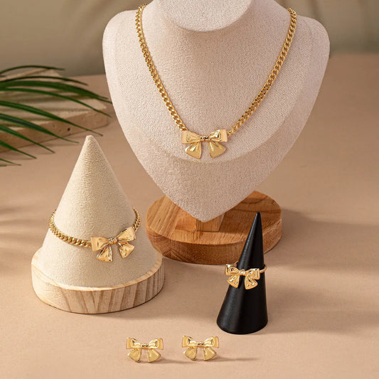 Cute Romantic Sweet Bow Knot Alloy Plating 14K Gold Plated Women's Jewelry Set