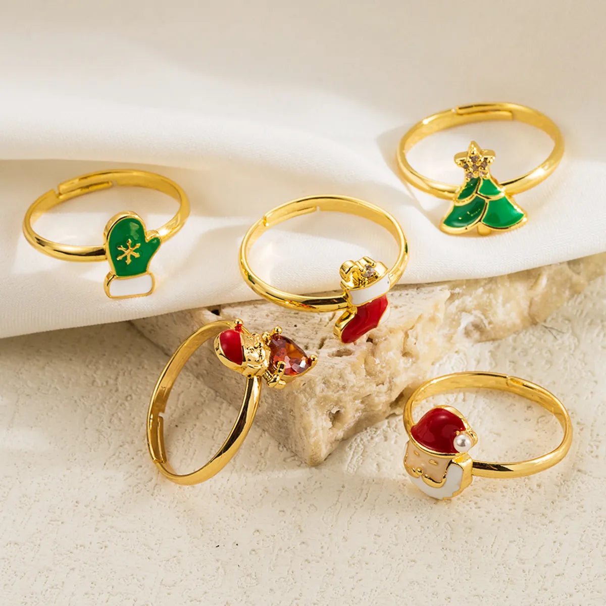 Cute Santa Claus Bell Deer Copper 14k Gold Plated Zircon Open Rings In Bulk